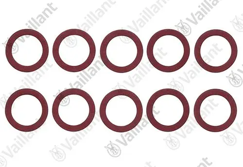 Zehn runde Dichtungsringe in rot aus Gummi, platziert in zwei Reihen. Produkt von Vaillant, geeignet für verschiedene Anwendungen in der Heiztechnik.